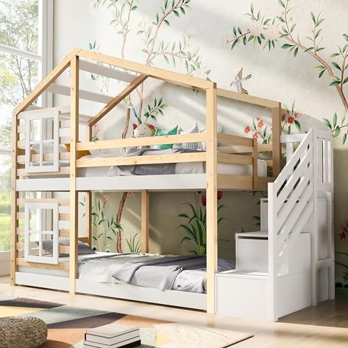 Aoskem Kinderbett Etagenbett 90x200 für 2 Kinder, Baumhaus Hochbett Hausbett mit Stauraum Treppe Schublade, Holzbett Bettgestell mit Rausfallschutz und Lattenrost, Jugendbett, Ohne Matratze Natur+Weiß
