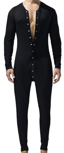 Cexiakong Body intero da uomo, slim fit, pigiama da uomo, tinta unita, biancheria intima termica elasticizzata, a maniche lunghe, comoda, con bottoni, tuta intera, Nero , M