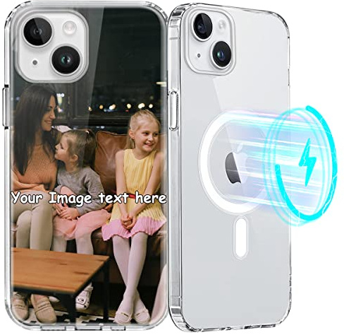 Yoedge Personalisierte Handyhülle für iPhone 16 6,1, [Kompatibel mit MagSafe] Magnetisch Hülle mit Eigenem Foto Bild Text Schutzhülle Selbst Gestalten, Transparent Weiche Dünn Silikon Case