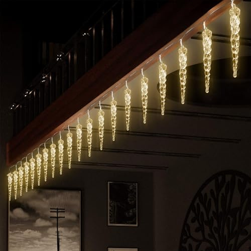 Spetebo LED Eiszapfen Lichterkette aus Acryl warm weiß - 190 cm - Eisregen Deko Beleuchtung mit 20 Zapfen Batterie betrieben - Weihnachtsdeko Lichterregen Innenbeleuchtung Lichterdeko für Advent