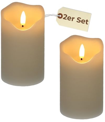 GarPet 2er Set Echtwachs LED Kerzen mit Timerfunktion, flackernde Flamme, 7,5 x 12,5 cm, Cremeweiß