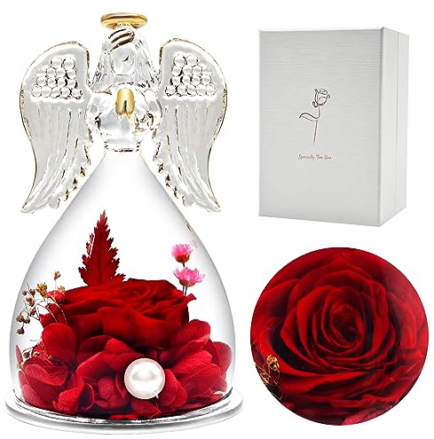 heekim Ewige Rose mit Engel Figur, Geschenke für Frauen, Geburtstagsgeschenk für Frauen, Geschenke für Mama/Oma, Ewige Rose in Engel Glaskuppel, Muttertagsgeschenke (Lila) (Rot)
