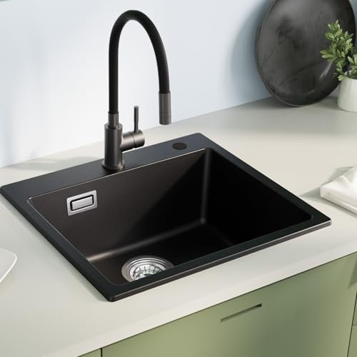 Sofetiy Évier de cuisine, rectangulaire, en granit, noir, 50 x 45 cm, moderne, avec 2 trous de robinet, 1 bac