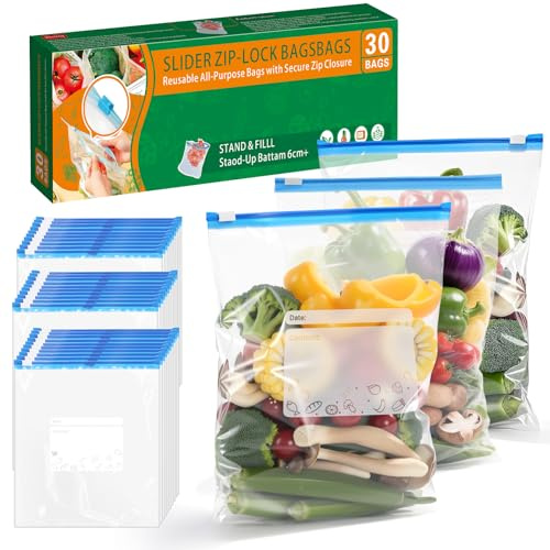 Freezer Bags,Food Storage Freezer Bags(3L), Stand Up Smart Zip Slider,Duty Food Bags with Expandable Bottom, BPA Free,for Sandwich,Fruits, Meats, Vegetables, Snacks，Reusable Zip Lock Bags(30pcs)
