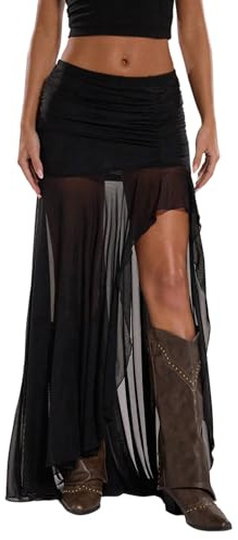 SOLY HUX Maxikjol dam elegant meshkjol med slits transparent 2-i-1 festkjol genomskinliga nättyg kjolar party festival outfit, svart, S