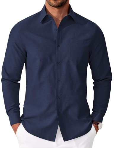COOFANDY Camisas Hombre Manga Larga Oxford Camisa Regular Fit Camisa de Negocios de Algodón Camisa Casual sin Plancha con Bolsillo BLU Marino 3XL