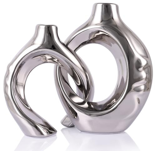 Silberne Home Decor Keramikvase, runde Vase mit Löchern, 2 Stück, geeignet für Hochzeitseingangs-Dekoration, Bücherregal, Kaminsims, einzigartige Wohnkultur (Silber)