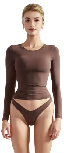 SUUKSESS Women Double Lined Fitted Basic T Shirts Crew Neck Long Sleeve Crop Top