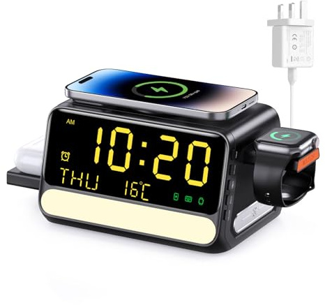 Charging Station,7 IN 1 Wireless Charger with Clock,TimeSync,Voice-Controlled Light,Fast Charger Stand For iPhone17 16 15 14 13 Pro Max Airpods Samsung &Watch/Android Phone/Apple Watch,33W Plug