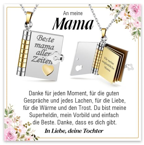 YIBONIKA Geschenke für Tochter Mama Oma Schatz Kette mit Gravur für Sie | 6 Seiten Aufklappbares Minibuch Anhänger zum Öffnen, Geschenke zum Weihnachten Valentinstag Geburtstag Muttertag