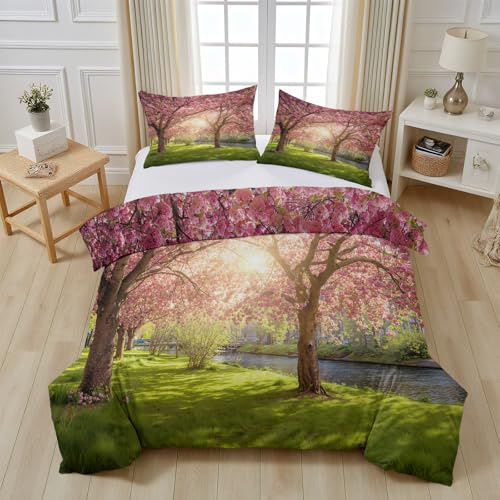Parure de Lit Fleurs de Cerisier Prairie, Housse de Couette Paysage Naturel Printemps Microfibre Linge de Lit 240x260 2 Personnes Literie avec Fermeture Éclair et 2 Taies D'oreiller 80x80 cm