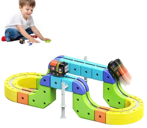 Clickrail Set di traini magnetici per auto, Electric Train Set, set di binari magnetici fai da te per bambini, Blocchi Magnetici e Treno Motorizzato, layout incorporati 3D anti-gravità (65PCS)