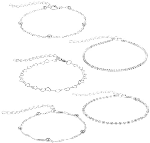 Josojoou 5PCS Silver Stackable Bracelets for Women, Stylish Versatile Dainty Silver Bracelet with Extension Chains, Exquisite Silvery Chain Bracelet for Women, Gift for Woman