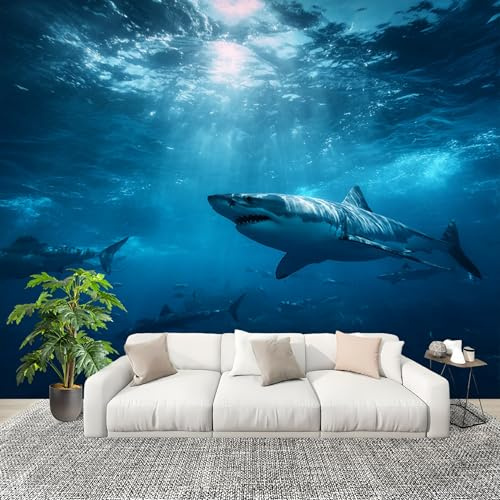 Peel and Stick DIY Fotomurales 350X256 cm OcéAno Animales Tiburones Decoración Papel Tapiz del hogar Murales Creativo Azul Oscuro Salón Dormitorio Oficina Habitación Fondo Pegatinas Pared