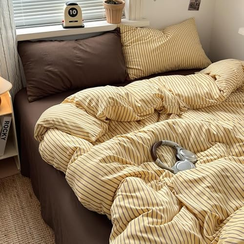 Bettwäsche 220x240 Gelb Braun Gestreift Streifen mit 2 Kissenbezug 80x80cm | Bettwäsche-Set Mädchen Frauen Wendebettwäsche Weiche Mikrofaser ÖKO-TEX Renforce Streifen Bettbezug mit Reißverschluss