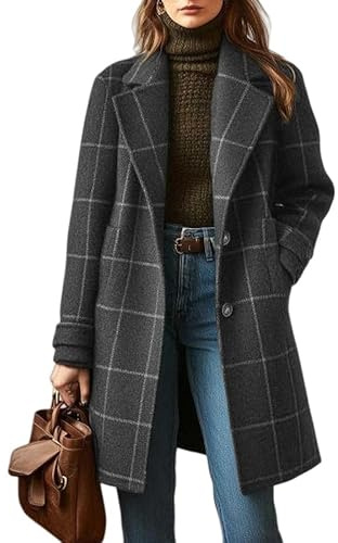 LIUYUYOUGO Manteau Laine Femme Manteaux Longs En Laine À Carreaux Pour Femmes Grandes Tailles Trench Coat Rétro À Revers À Carreaux Caban Tendance Veste En Tweed À Simple Boutonnage Vêtement D