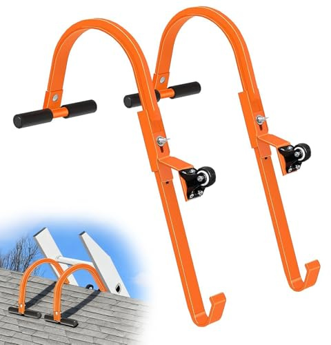 2 Pack Ladder Roof Hooks,with Wheel Heavy Duty Steel Ladder Stabilizer and Rubber Grip T-Bar500 lb Load Capacity,Fast & Easy to Access Steep Roof
