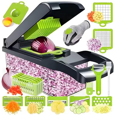 14-in-1 Vegetable Chopper & Mandoline Slicer for Kitchen – Multi Food Cutter Onion Dicer Potato Grater Salad Maker Veg Fruit Slicing Set with Container & Safety Guard