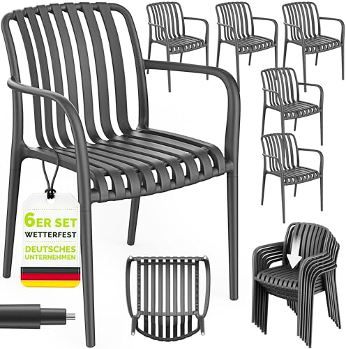 tillvex® Gartenstühle 6er Set Stapelbar Wetterfest mit Armlehne bis 120kg | Outdoor Stühle UV-beständig | Gartenstühle Balkonstuhl Outdoor Kunststoff | Terrassenstuhl Gartenmöbel Balkon Garten Terrasse