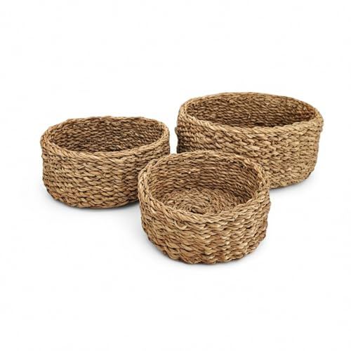 Meinposten 3 Körbe runder Korb Seegras Aufbewahrungskorb Dekokorb natur braun rund Körbchen Rattankorb ideal für Badezimmer Spielsachen Brotkorb Eierkorb