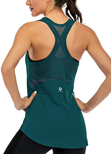Fihapyli ICTIVE Canotta Yoga Donna Senza Maniche, Top Fitness Schiena Scoperta a Rete, Maglia Sportiva Racerback Traspirante per Palestra e Corsa Verde Scuro L