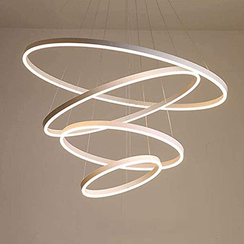127W LED Dimmbar Hängeleuchte Modern Rund 4-Ring Design Kronleuchter Weiß Aluminium Acryl Pendelleuchte Höhenverstellbar Deckenleuchte Esszimmer Büro Eßtisch Wendeltreppe (Weiß 20+40+60+80CM)