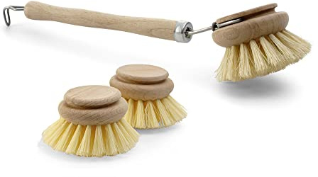 Novaliv 3 TLG Set 1x Spülbürste I 2X Ersatzkopf I Naturfibre I Holz I groß I Abwaschbürste Küchenbürste Geschirr Bürste Scheuerbürste Putzbürste Bürste Küche