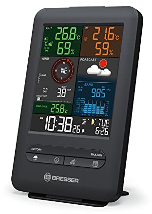 Bresser zusätzliche Basisstation für 7002525 Funk Wetterstation 5-in-1 Beaufort Wetter-Center mit Raumklimaindikator und integriertem Wecker mit Eiswarnfunktion Basisstation, schwarz | Innentemperatur, Luftfeuchtigkeit, Luftdruck, Wettertrend, Regenhistorie, Eiswarnung, Raumklima Anzeige, ohne Außensensor