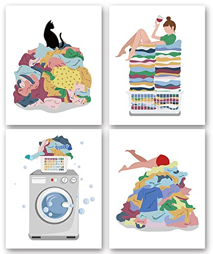 SUUURA-OO 4 Stück Wandkunstdrucke Waschküche (20,3 x 25,4 cm ungerahmt) Kreative Illustration Lustige Regeln für Frau Mutter Tochter Schwester