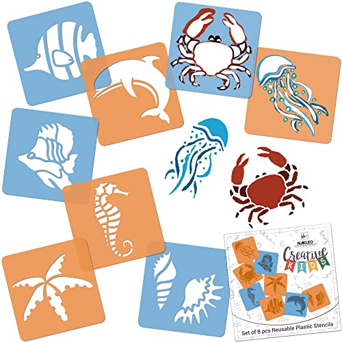 NAKLEO Plantillas para Dibujar para Niños, Set de 8 Stencil 15x15cm Animales Marinos, Modelos Creativo Plástico y Reutilizable para Pintar, DIY Decoración Artesanía, Papel Pared Madera Tejido