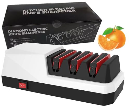 Chulovs Afilador de cuchillos eléctrico,Afilador de cuchillos eléctrico de 3 etapas para cuchillos de hoja recta, cuchillos dentados y cuchillos de cerámica (Blanco)