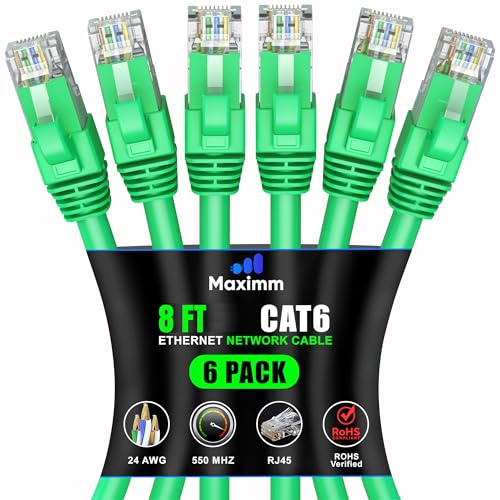Maximm Cat 6 Ethernet Cable 8 ft (6-Pack) - High-Speed LAN Cable, Internet Cable, Patch Cable, and Network Cable - UTP, 10Gbps, 550MHz Ethernet Cord - Green