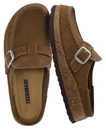 CUSHIONAIRE Hobby Genuine Leather Suede Mule Clogs for Women with Buckle Strap and Cork Footbed, Supportive All-Day Comfort in Womens Shoes, Brown 8.5
