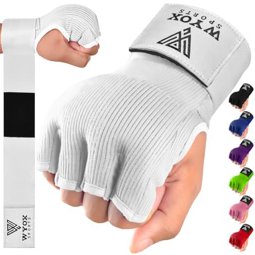 WYOX Gel Boxing Hand Wraps Inner Gloves for Men and Women, Quick 80cm Long Wrist Straps, Elasticated Padded Boxing Wraps for Muay Thai, MMA, Kickboxing, Martial Arts Training Bandages (White, S/M)