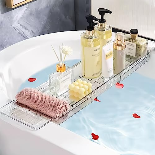 Expandable Bathtub Tray, Adjustable Bathtub Caddy Tray Bathtub Caddy for Luxury Bath, Multifunctional Bathtub Storage Rack for Book Wine Glasses Phone Bath Products, with Anti-Slip mat