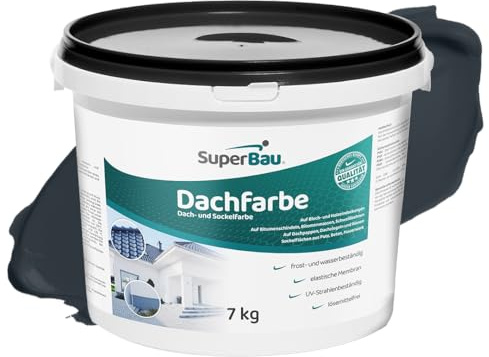 SuperBau Dachfarbe Anthrazit (7kg ca.17,5m²) Sockelfarbe WASSERDICHT, Fassadenfarbe für Außen, Dachbeschichtung für Blechdach, Bitumen, Dachpappe, Schindeln, Putz