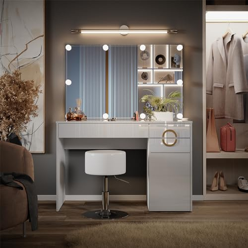 Vicco Schminktisch Adela, Weiß, 115 cm | mit LED Beleuchtung und Hocker, Funktioniert auch als stilvoller Arbeitsplatz