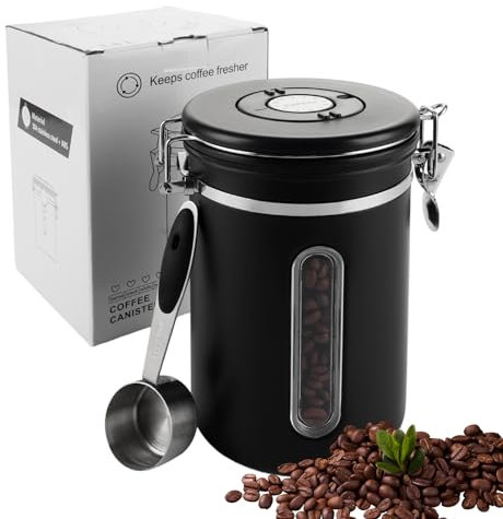 CYEER 1,8L Kaffeedose Luftdicht, Schwarz Kaffeebohnen Behälter, Kaffeedose mit Löffel, Kaffeebehälter mit Datums-Tracker für Kaffeebohnen Kaffeepulver Tee Kakao
