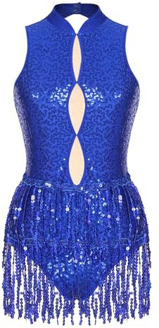 JEATHA Damen Ballettanzug Gymnastikanzug Pailletten Turnbody Ärmelloser Mesh Patchwork Body mit Fransen Glitzer Tanzbody Leotard Ballettkleidung D Königsblau S