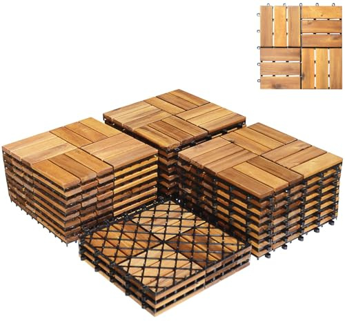GiantexUK 27 PCS Decking Tiles, 30x30cm Acacia Interlocking Flooring Tiles, Hardwood Plastic Square Deck Boards Floor for Outdoor Indoor Patio Garden Balcony Terrace