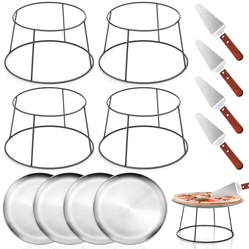 Yiyiring 12 Pcs Pizza Stand Set: 4 Metal Stands, 4 Pizza Pans, 4 Spatulas for Weddings, Party(Silver,Round)