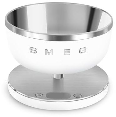 Smeg, Balance de Cuisine KSC01WHMWW, Bol Amovible en Acier Inoxydable, Quatre Unités de Mesure g/ml et lb.oz/fl.oz, avec Fonction de Tare, Capacité Maximale 5 kg, Blanc Mat