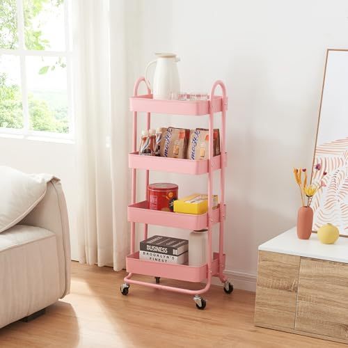 [en.casa] Carrello da Stoccaggio in Acciaio con 4 Contenitori Sovrapposti e Ruote Organizzatore Multiuso per Casa Ufficio Garage - Rosa