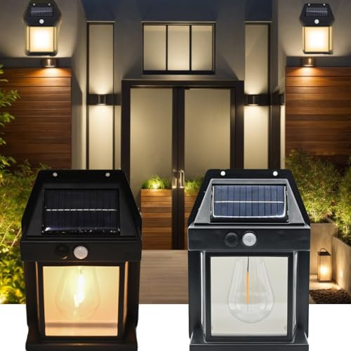 Hqynss Solar Lights Outdoor, 2 Pack Waterproof Wall Lantern with Motion Sensor & 3 Modes, IP65 Solar Security Lights for Garden Patio Courtyards Porches Fence Yard (Black)