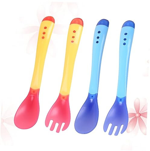 BESTonZON 4stücke Teiliges Babybesteck Mit Temperaturfühler Gelbes Und Blaues Und Gabelset Für Kleinkinder Sicheres Design Für Essenszeit