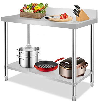 YUENFONG Edelstahl Arbeitstisch Edelstahltisch Küchentisch, Zubereitungstisch mit Verstellbare Füße, Tisch Zerlegetisch bis 250kg Tragkraft, mit Aufkantung, 120 x 60 x 85cm
