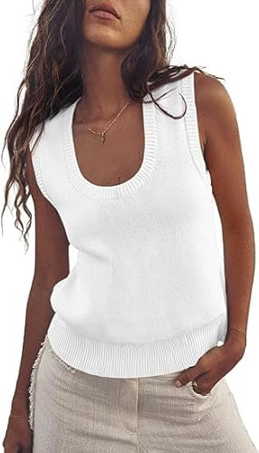 Saodimallsu Camiseta de tirantes para mujer sin mangas, camiseta de verano, con costuras, de punto, camiseta básica, de cuello redondo, casual, blusa, elegante, para el tiempo libre, Blanco, M