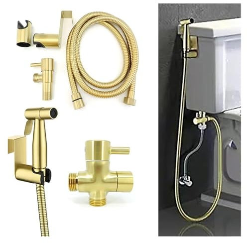 Kit per bidet in acciaio inox dorato con soffione doccia e valvola a T, doccetta portatile per la pulizia del bagno, include kit di tubi, facile installazione e qualità durevole