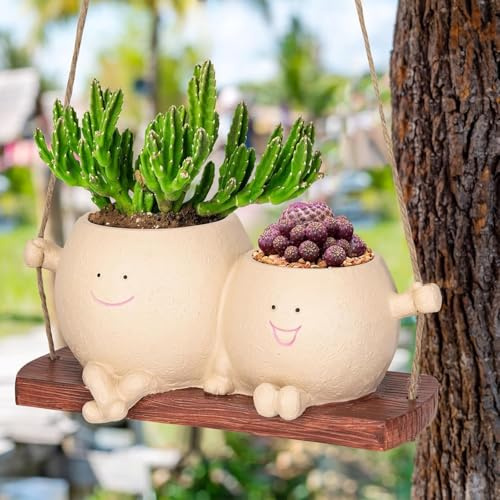 LASTOOLS Hanging Planter Swing Face Plant Pot Resin Cute Flower Pot for Indoor and Outdoor Succulent String of Pearls Plant with Drainage Decorative for Home Office Balcony Garden Gift Ideas