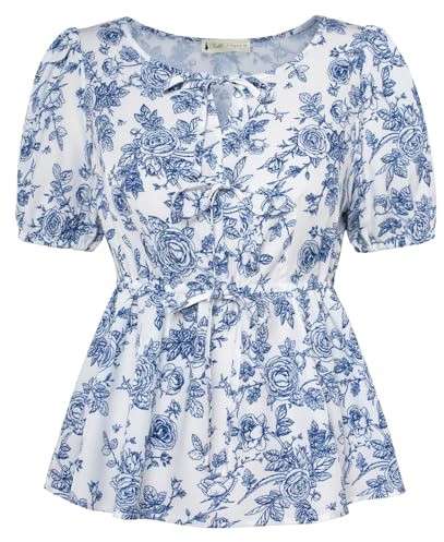 Belle Poque Bluse Damen Puffle Kurzarm Rundhalsausschnitt Tops Tie Front Floral Peplum Tops Sommer Casual Dressy Bluse Shirt
